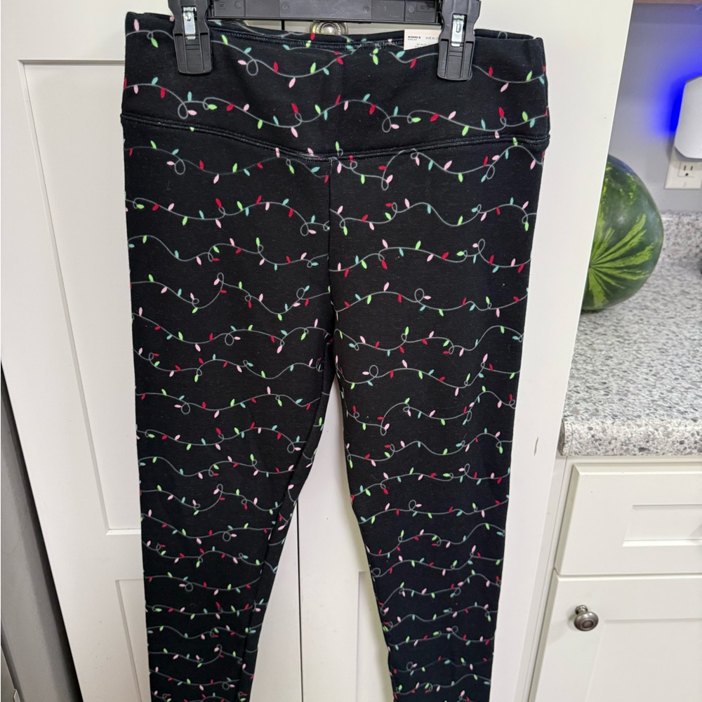 Justice Black Leggings with Multi-Colored Holiday Light Print